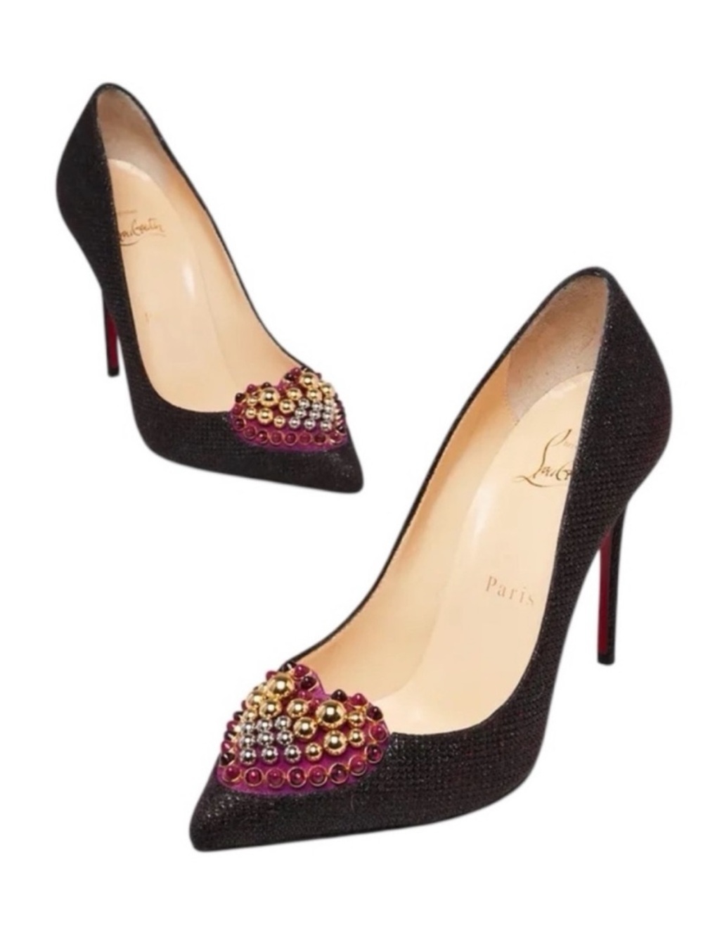 CHRISTIAN LOUBOUTIN Black Glitter Coralta Mia 100 Heart Embellished Toe Pump 37